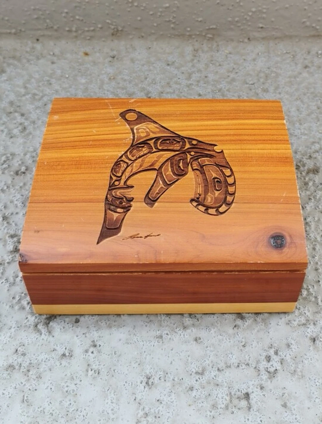 Vintage Indigenous Cedar Keepsake Box Orca Artist Signed