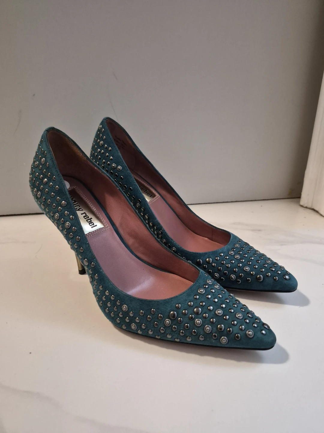 NEW Luxury Rebel Teal Suede Studded Heels - photo 2