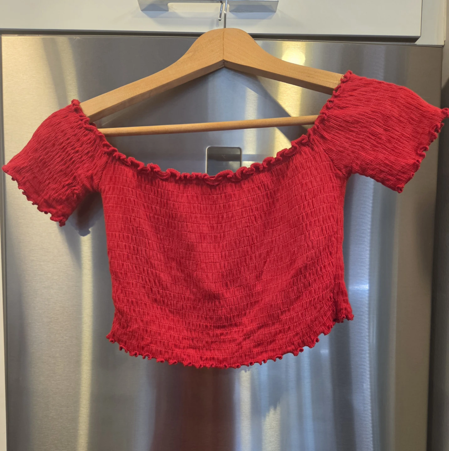 Red Smocked Off-the-Shoulder Crop Top