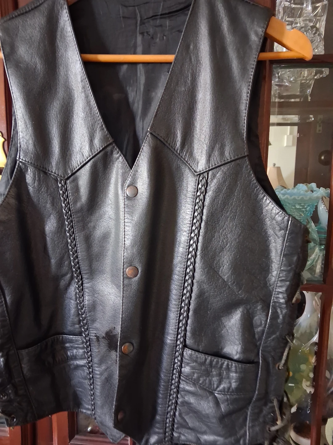 Black Leather Motorcycle Vest with Eagle Graphic