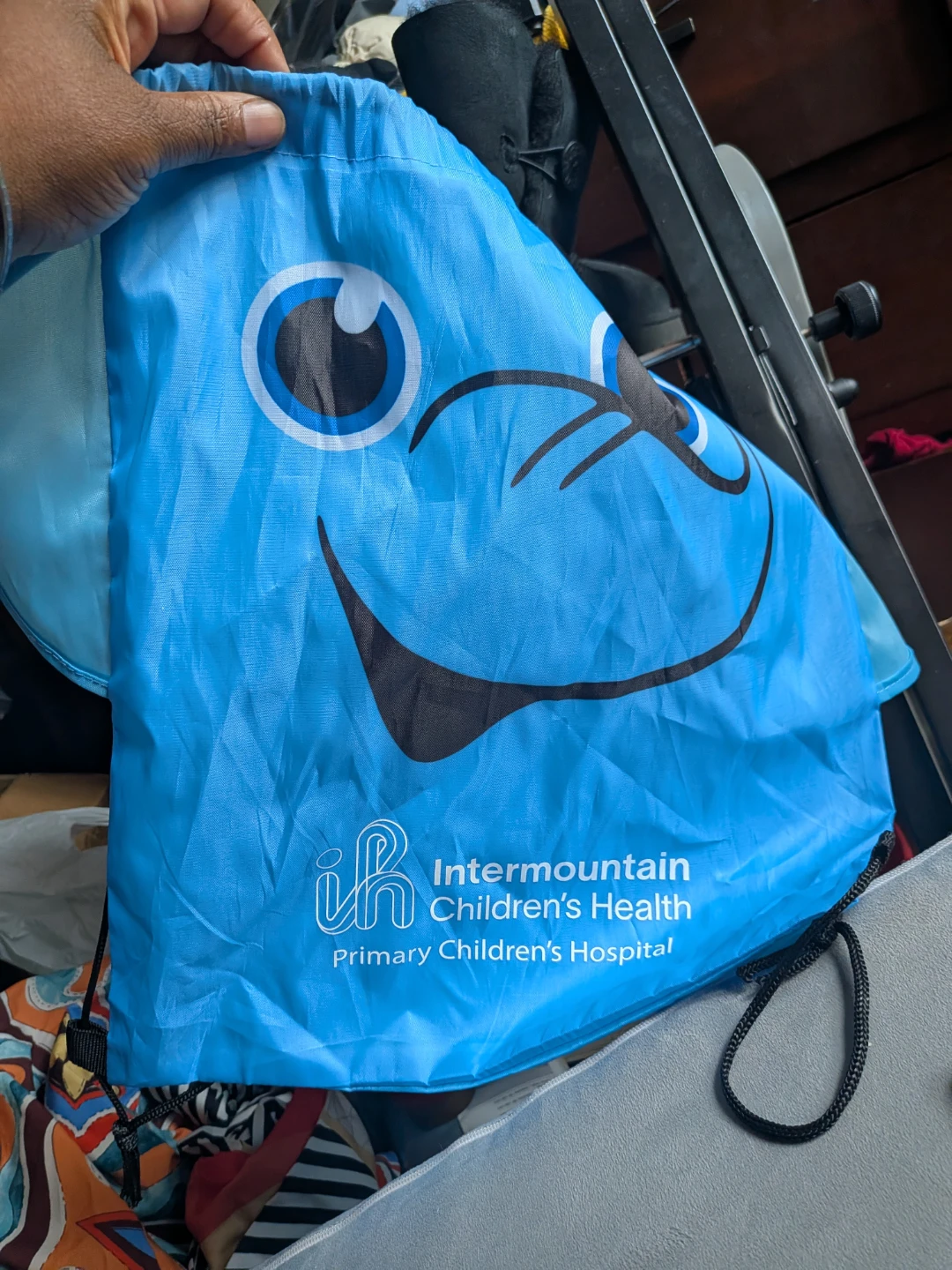 Blue Drawstring Bag with Happy Face