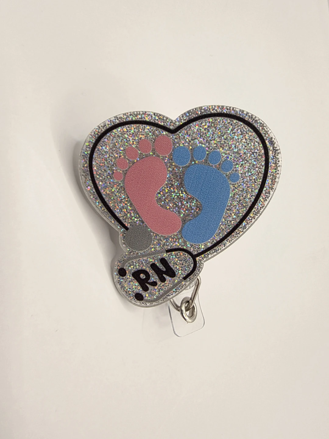 RN Badge Reel with Glitter Heart and Baby Footprints