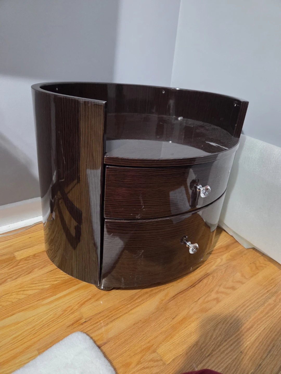 Dark Wood Oval Nightstand with 2 Drawers