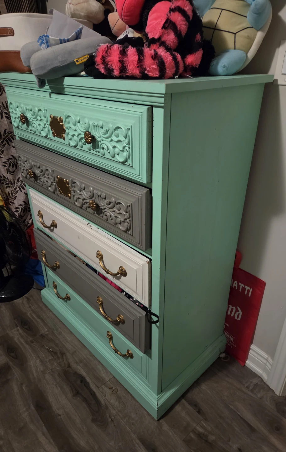 Mint Green 5-Drawer Dresser with Ornate Accents