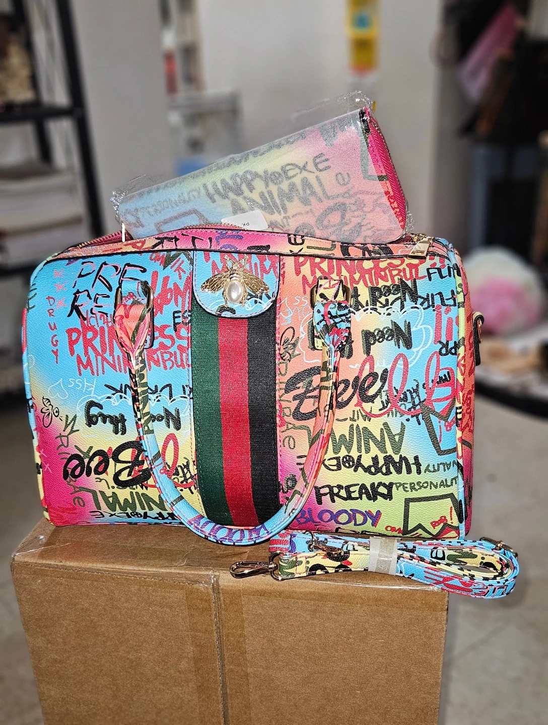 Graffiti Print Satchel Bag with Matching Pouch - photo 2