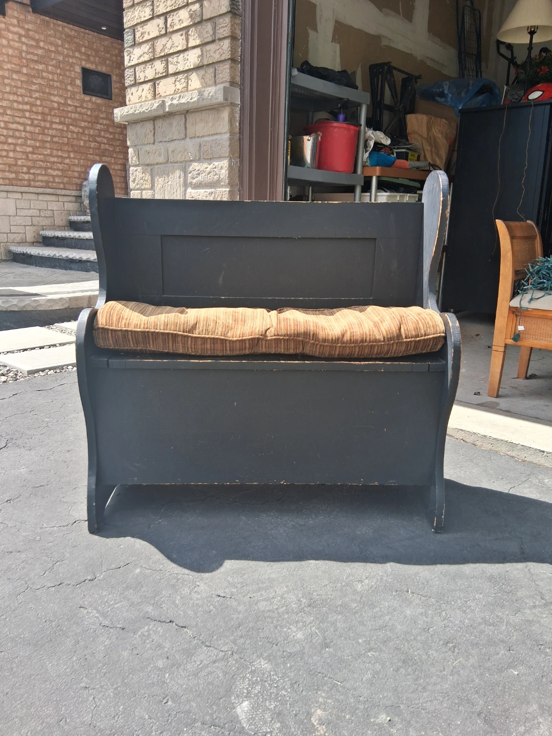 Antique Black Storage Bench with Cushion