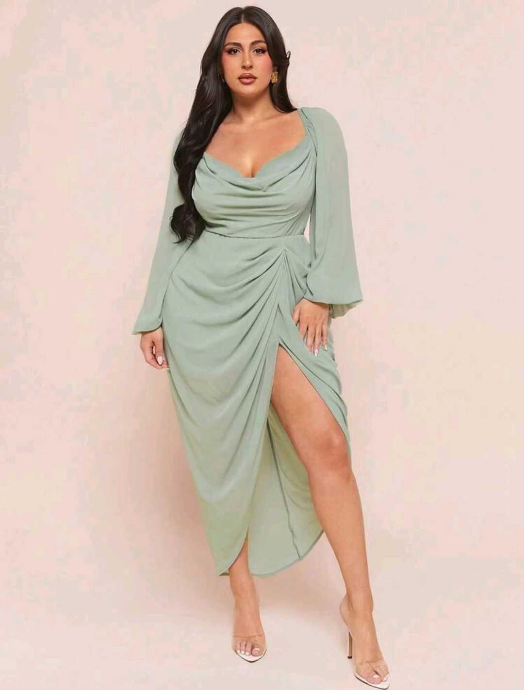 SHEIN CURVE Mint Green Ruched Drape Maxi Dress - photo 2
