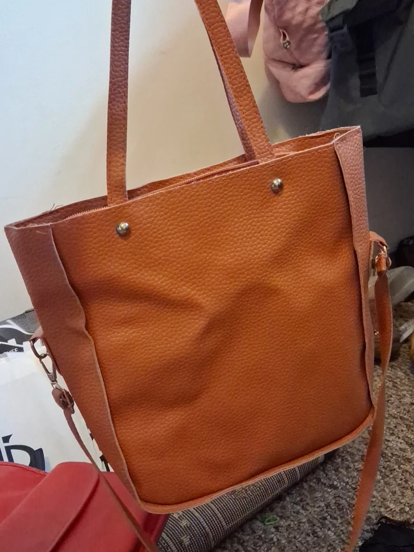 Orange Faux Leather Tote Bag with Matching Pouch