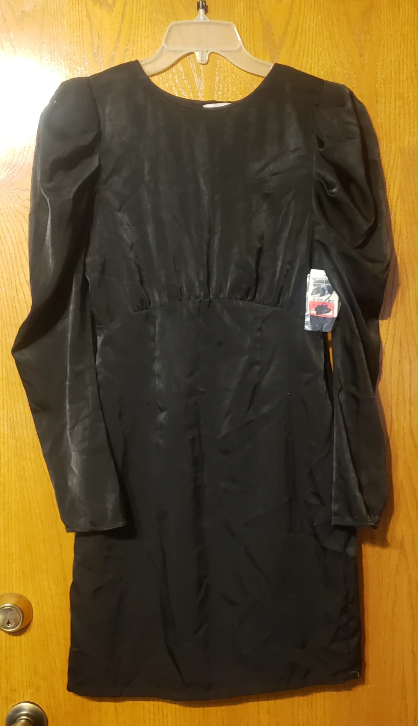 Black Satin Puff Sleeve Dress