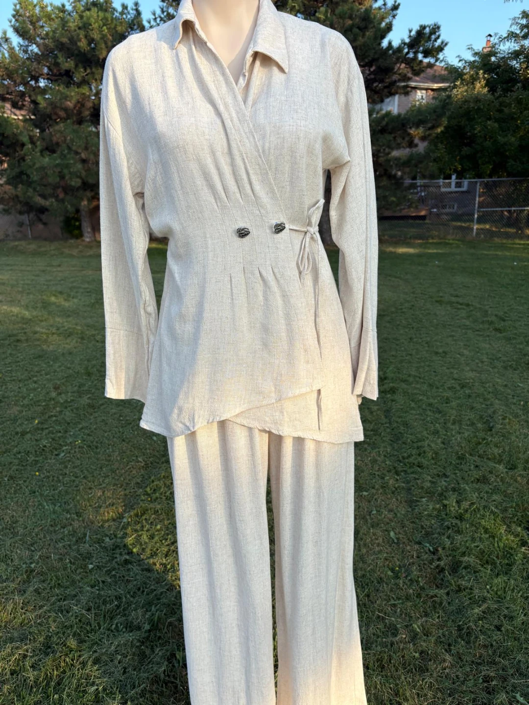 Beige Linen Wrap Top and Pants Set