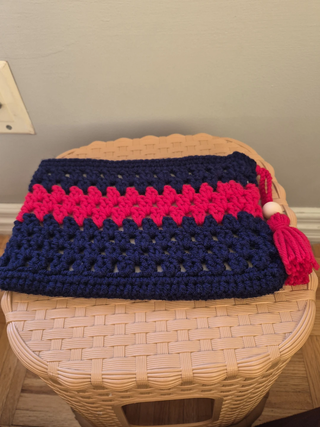 Crocheted Navy and red Clutch Bag with Tassel