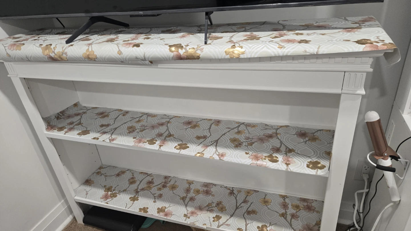 White Bookshelf with Floral Shelf Liner - photo 3