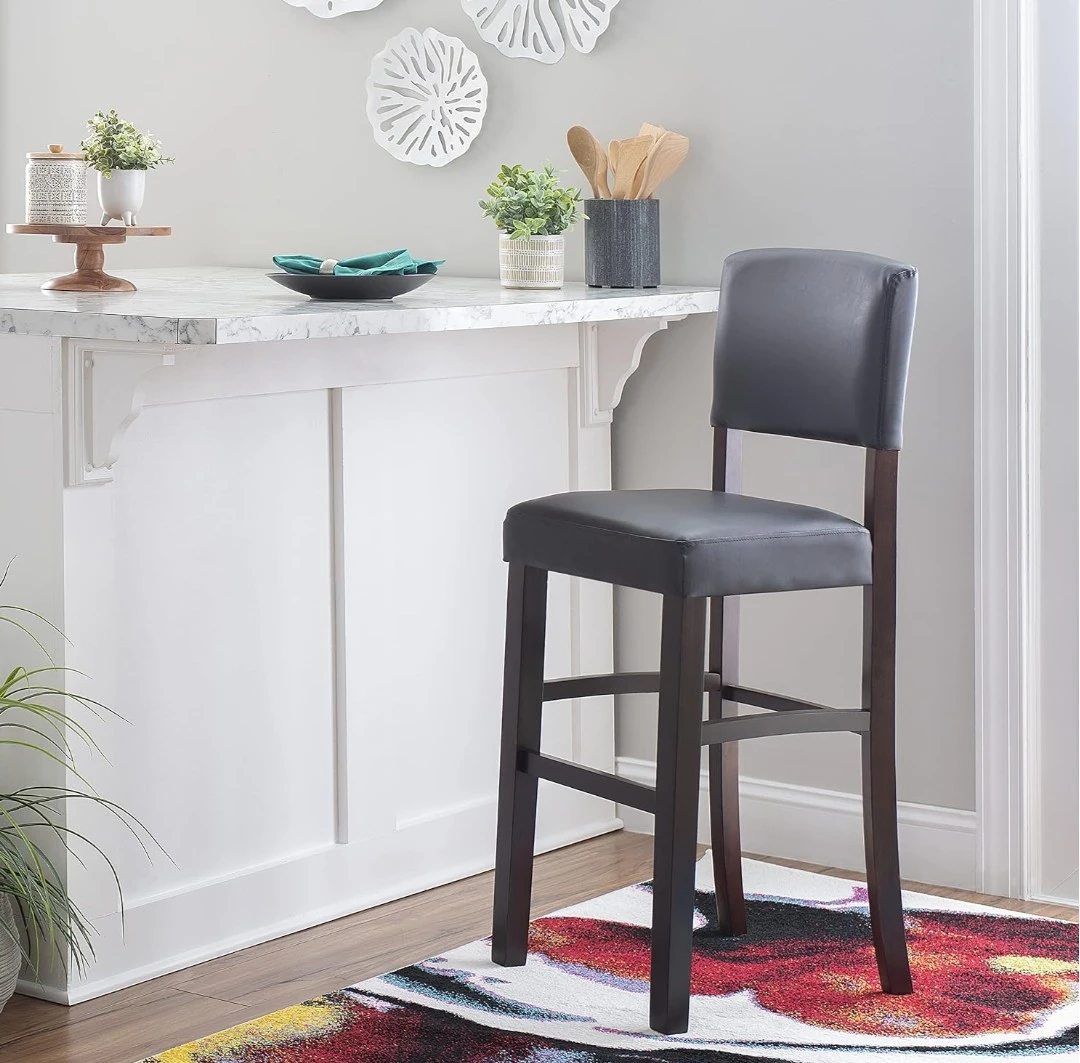 Black Faux Leather Bar Stool with Dark Wood Frame