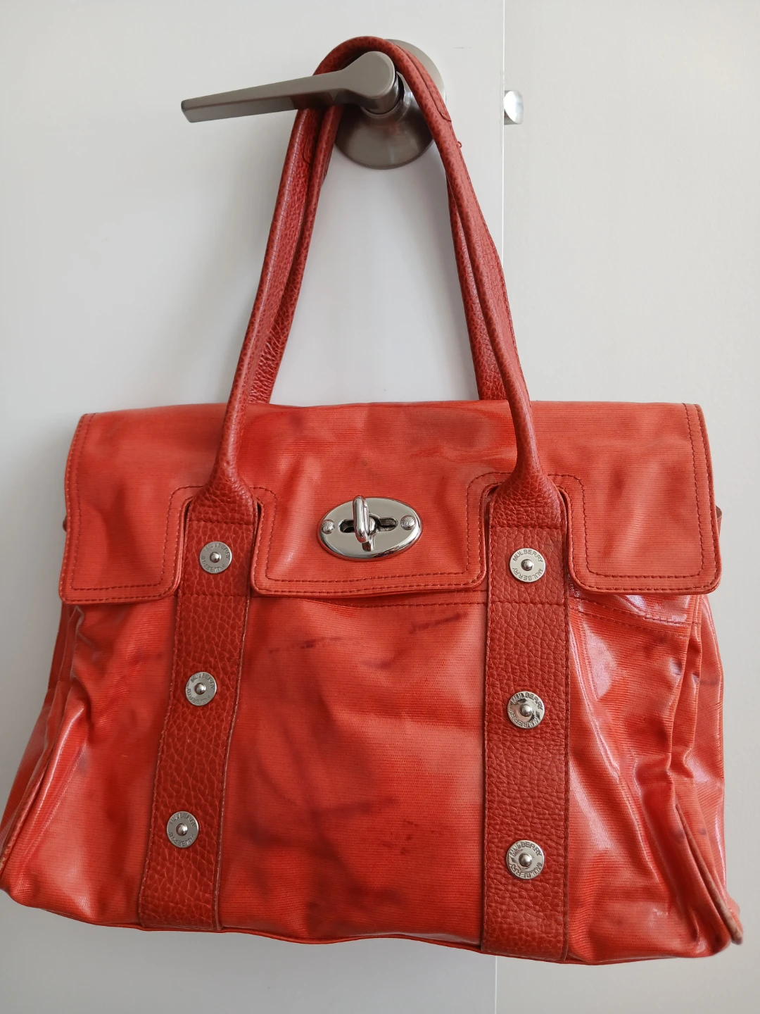 Mulberry Red Leather & Canvas Tote Bag