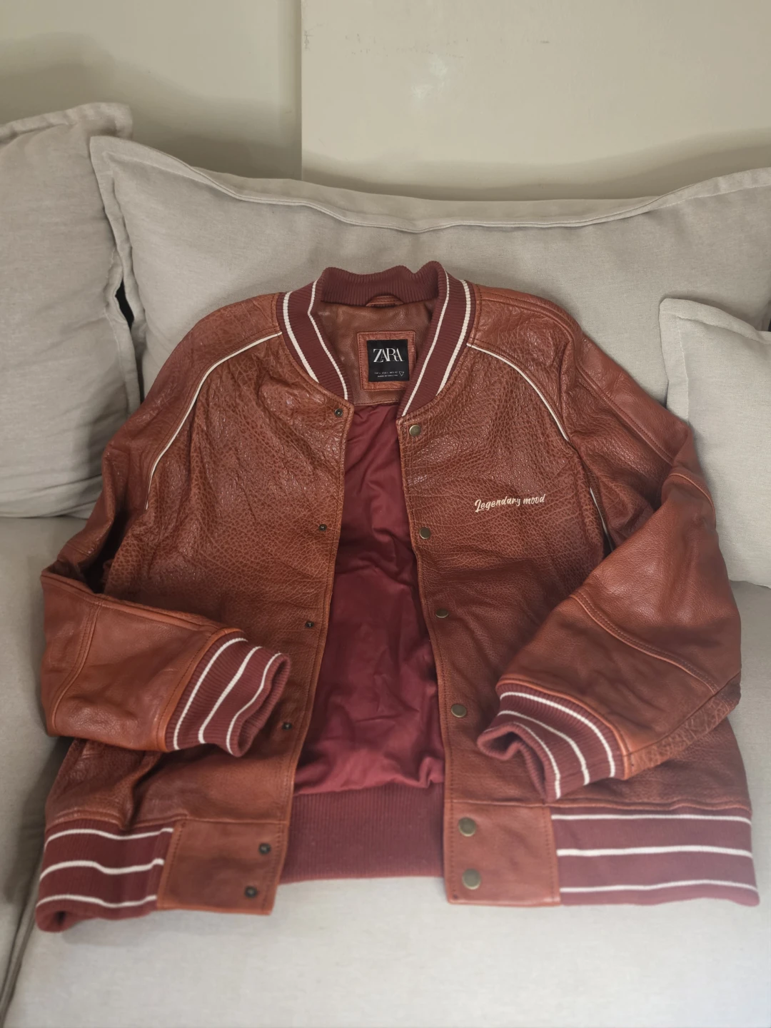 ZARA Brown Leather Varsity Jacket "Legendary Mood" - photo 3