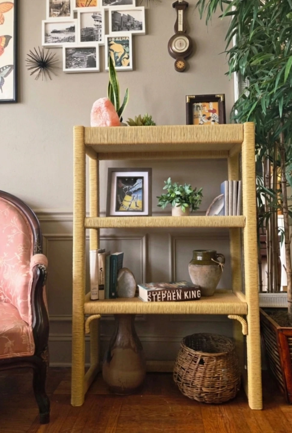 Vintage Slim Three Tier Solid Wood Construction  Rattan Bookcase - photo 3