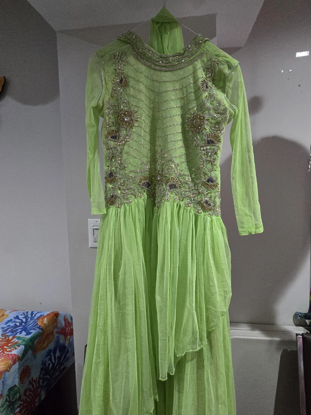 Green Embroidered Long Dress with dupatta