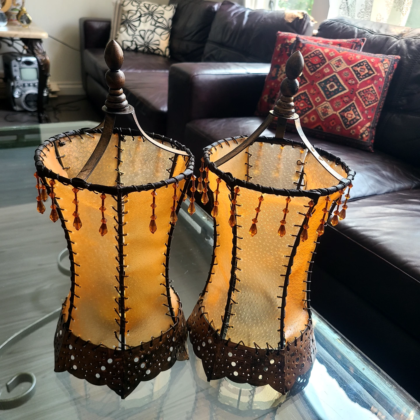 Set of 2 Decorative candle holder with brass  Beaded Accents