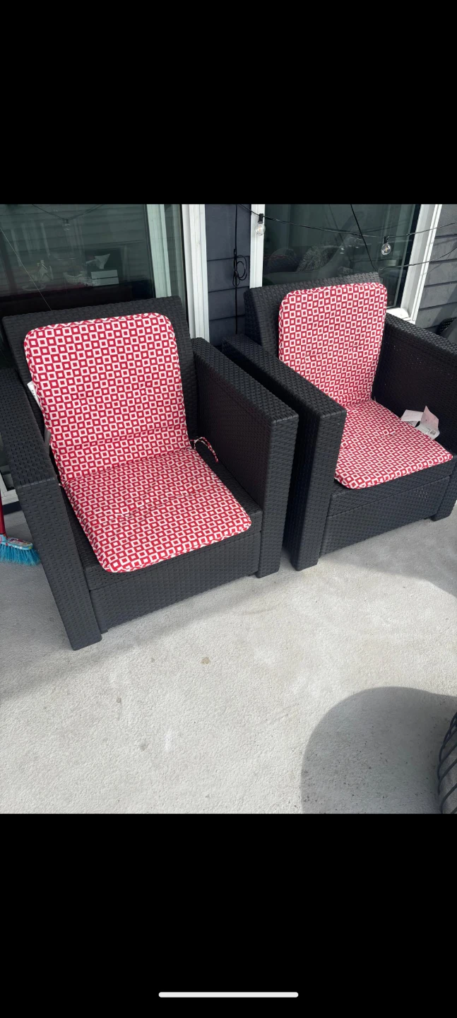 Set of 2 Black Wicker Armchairs with Red & White Cushions