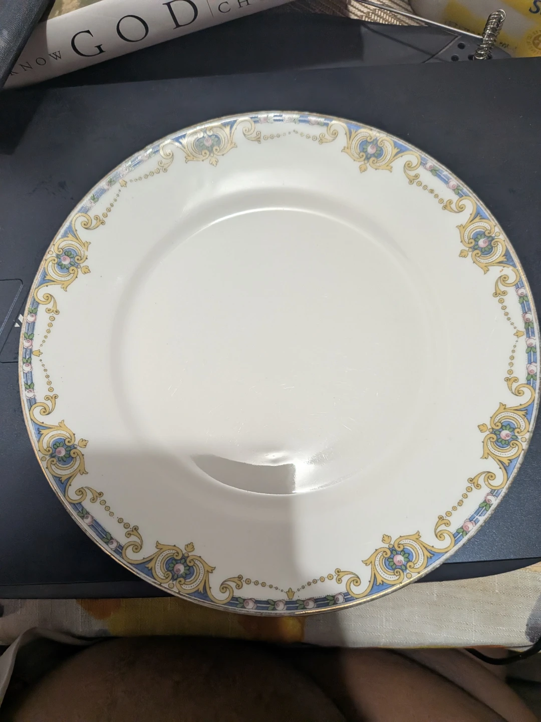 Vintage White Dinner Plate with Blue and Gold Trim