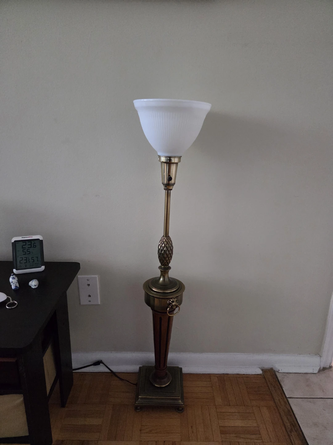 Vintage Torchiere Floor Lamp – Brass with Lion Head Handles