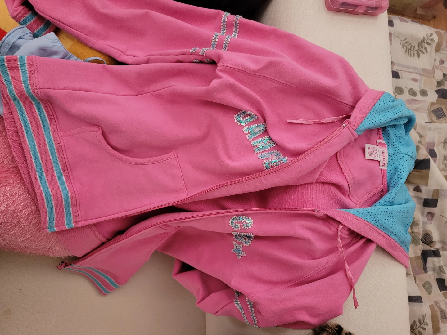 Pink Velour Track Jacket with Blue Accents