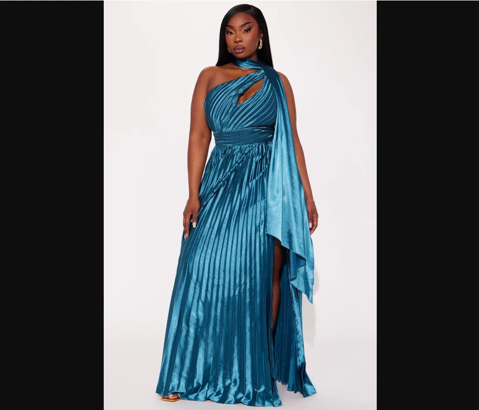 Fashion Nova Teal One Shoulder Pleated Maxi Dress