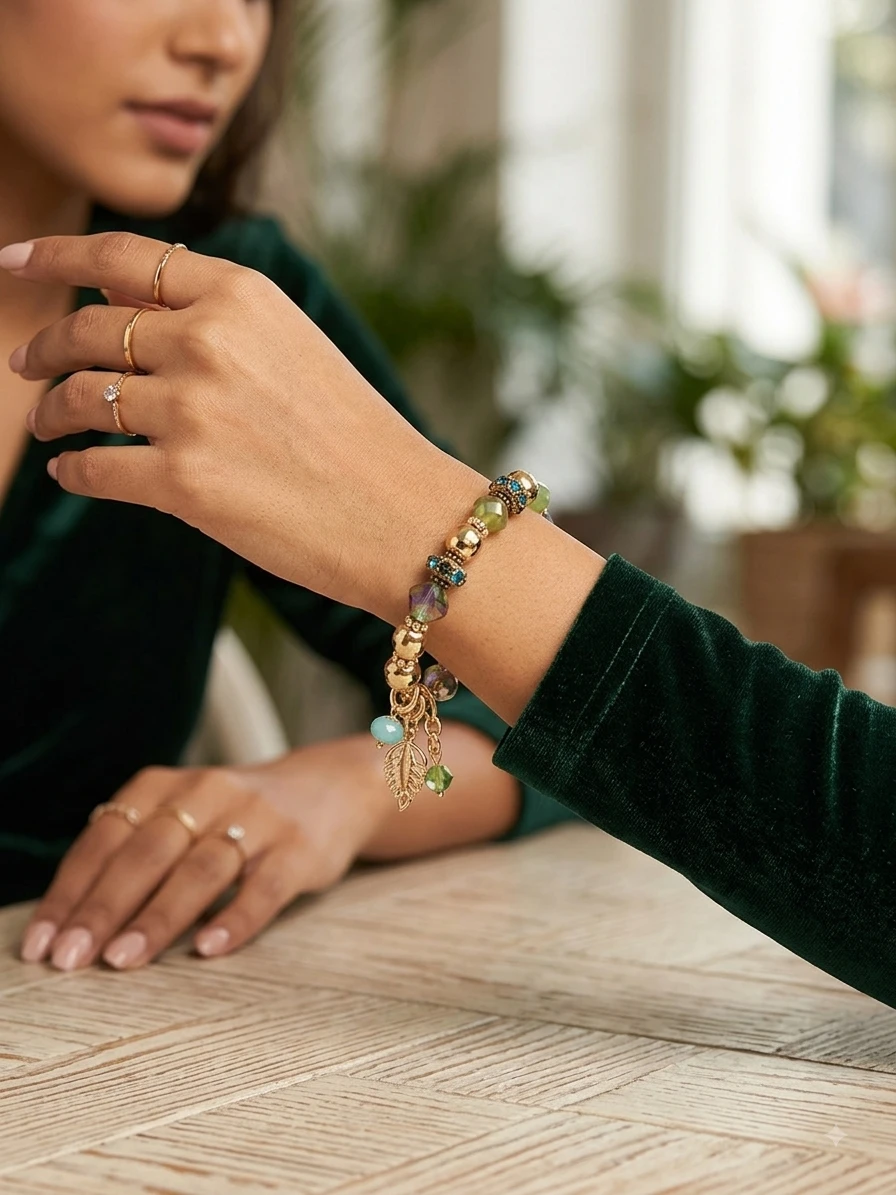 Beaded Charm Bracelet with Leaf and Feather Charms