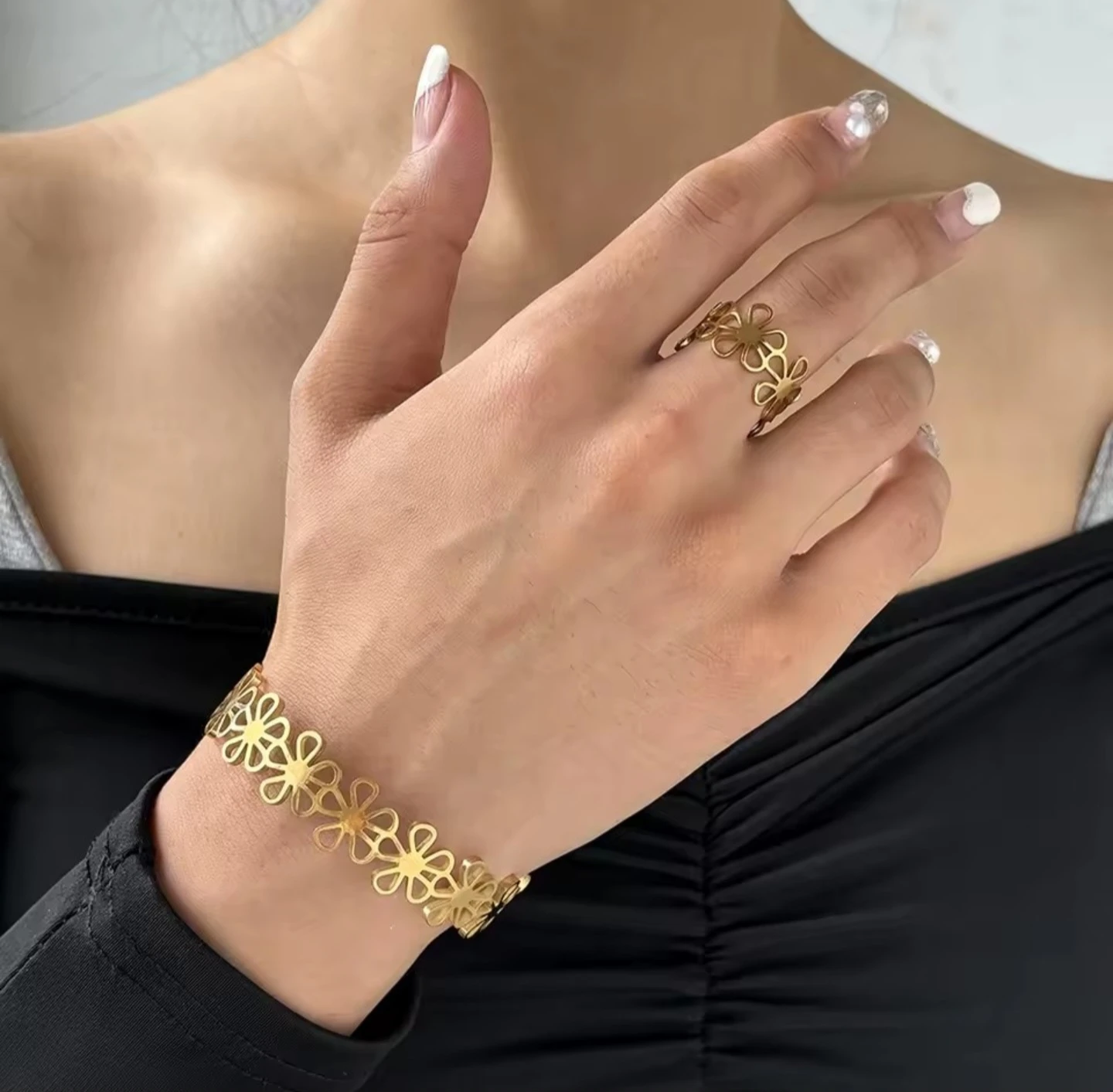 Gold Flower Bracelet and Ring Set