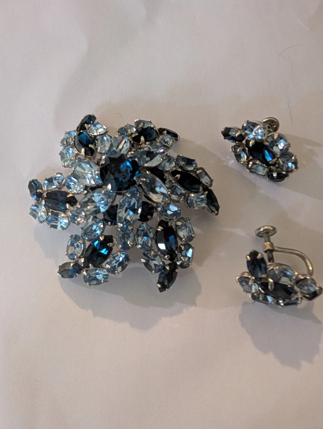 Vintage Blue Crystal Brooch and Matching Earring Set