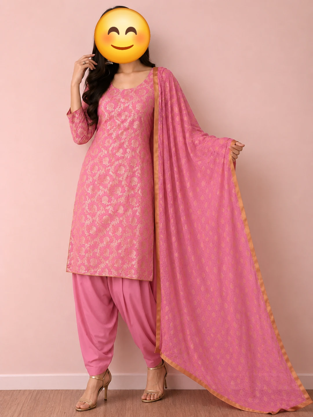 Pink Brocade Punjabi Suit Set with Dupatta