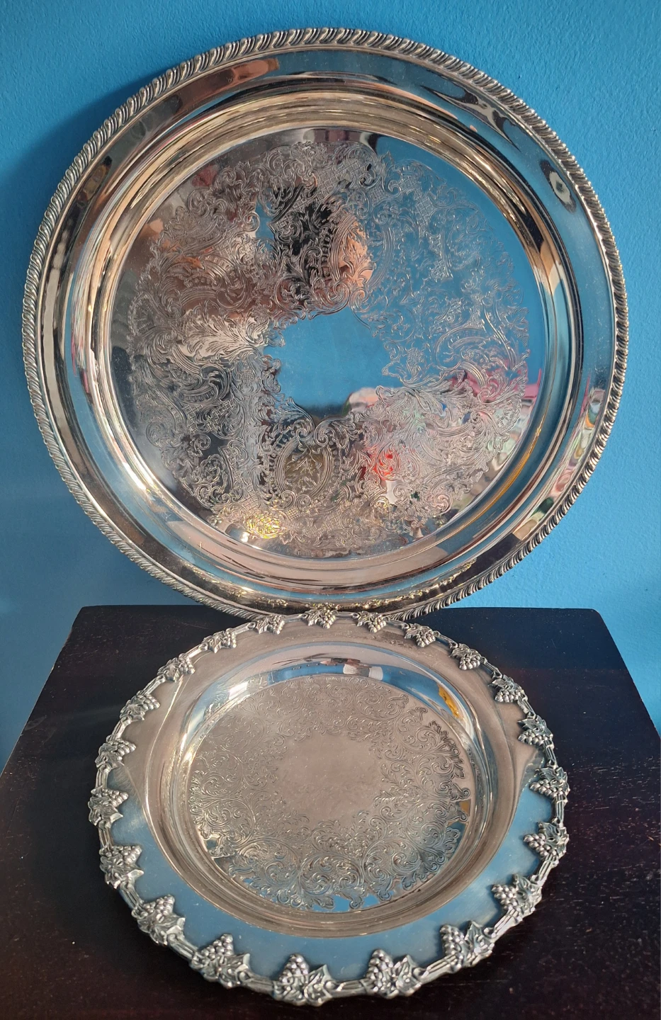Vintage Rogers Silver Plated Serving Trays 15 and 10 inches