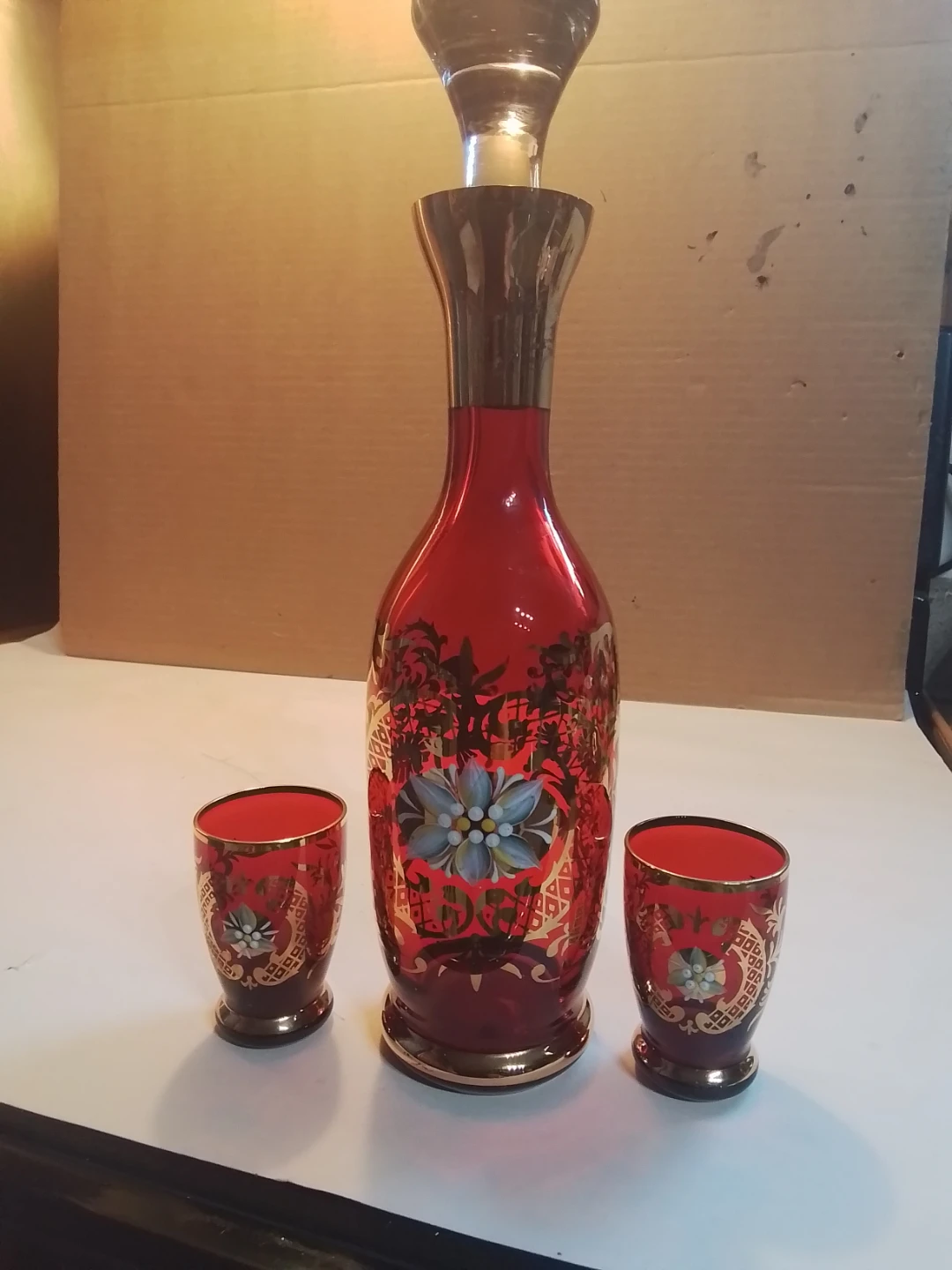 Vintage Mid-Century Bohemian Ruby Red Glass Decanter & 2