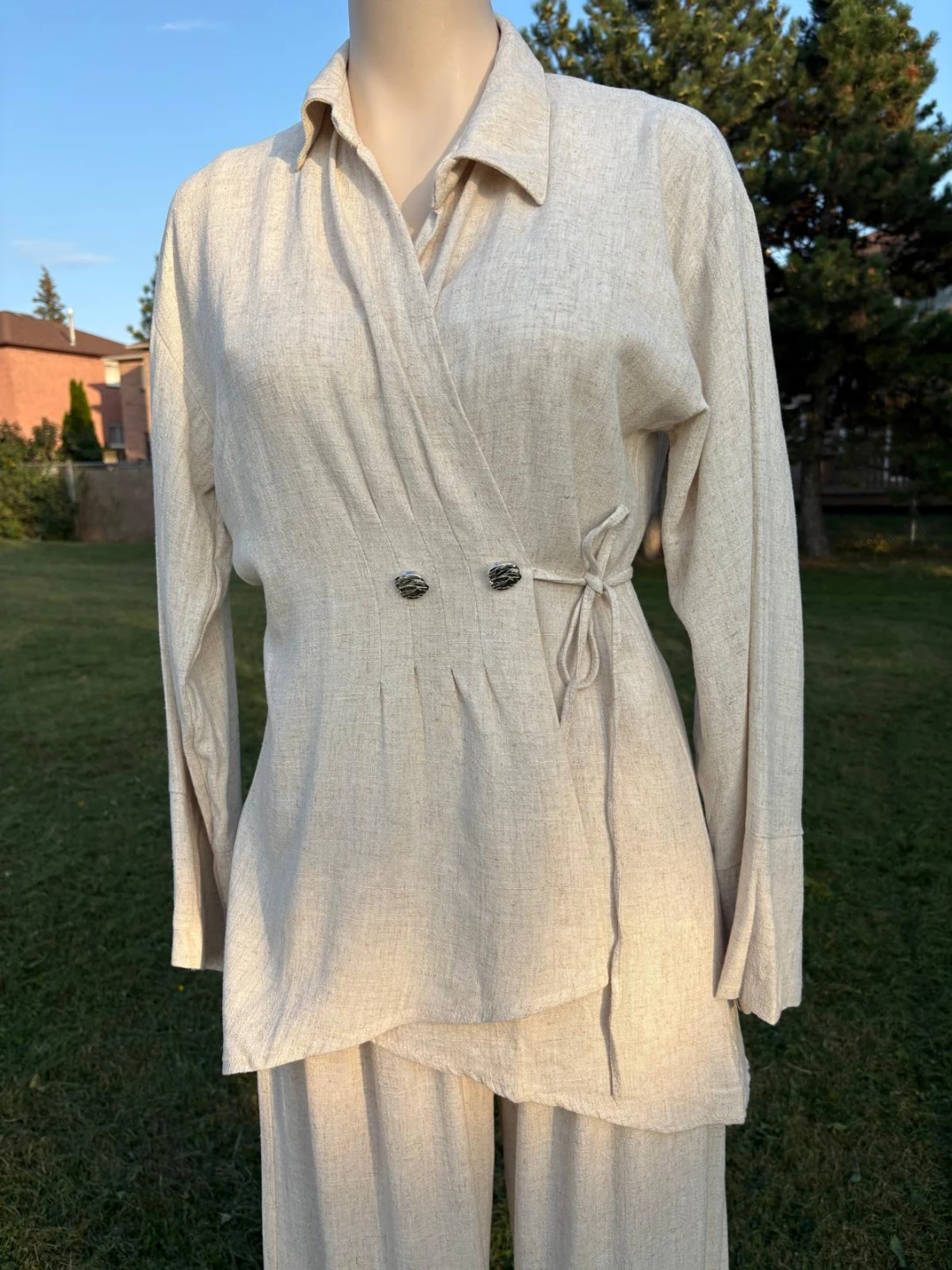 Beige Linen Wrap Top and Pants Set - photo 2