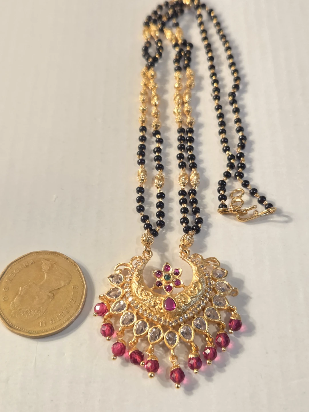Gold Necklace with Black Beads and Ruby Accents - photo 2