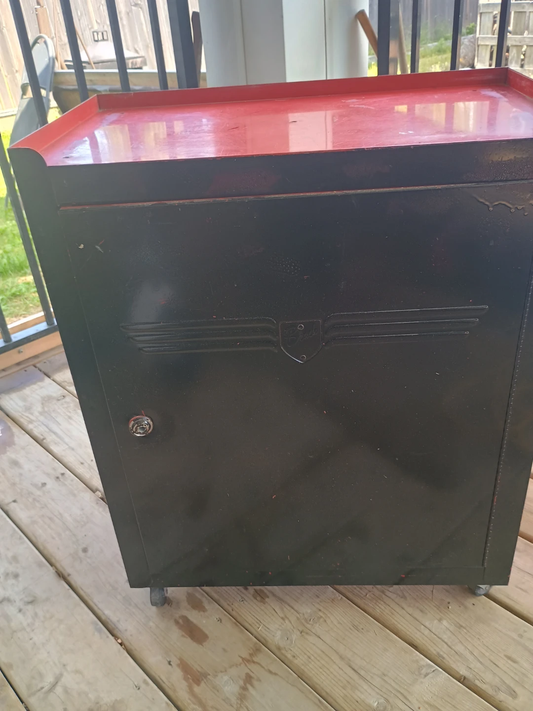 Red and Black Rolling tin Storage Cabinet