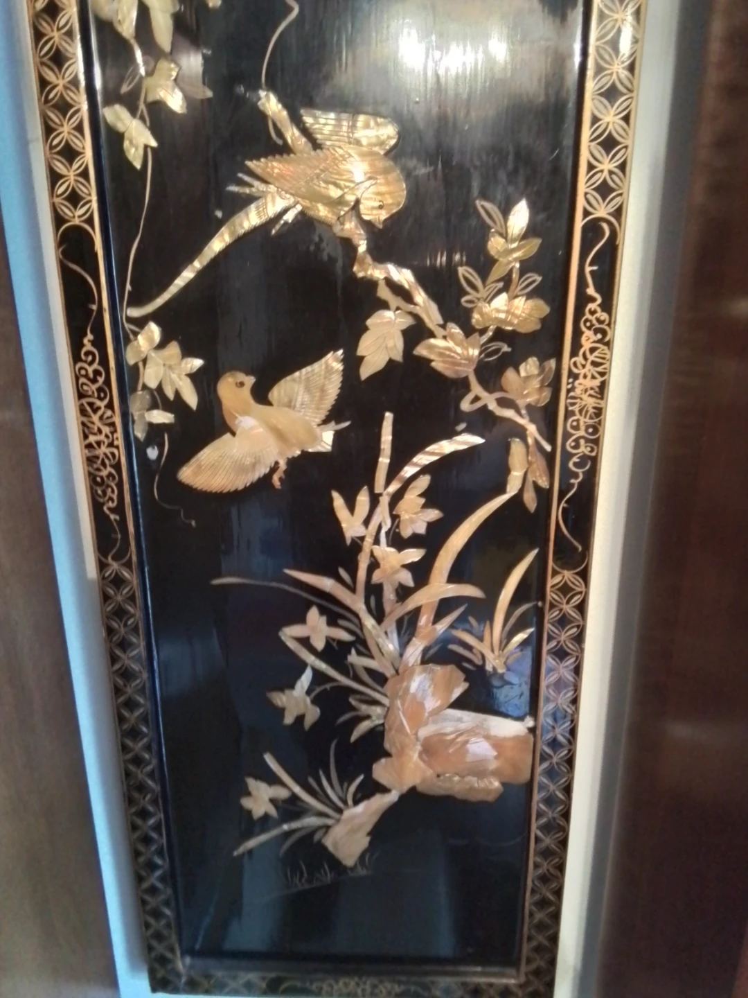 Vintage Black Lacquer Wall Panel with Birds and Flowers - photo 3