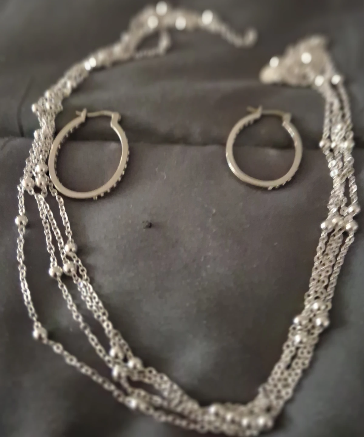 Silver Layered Necklace and Hoop Earrings Set