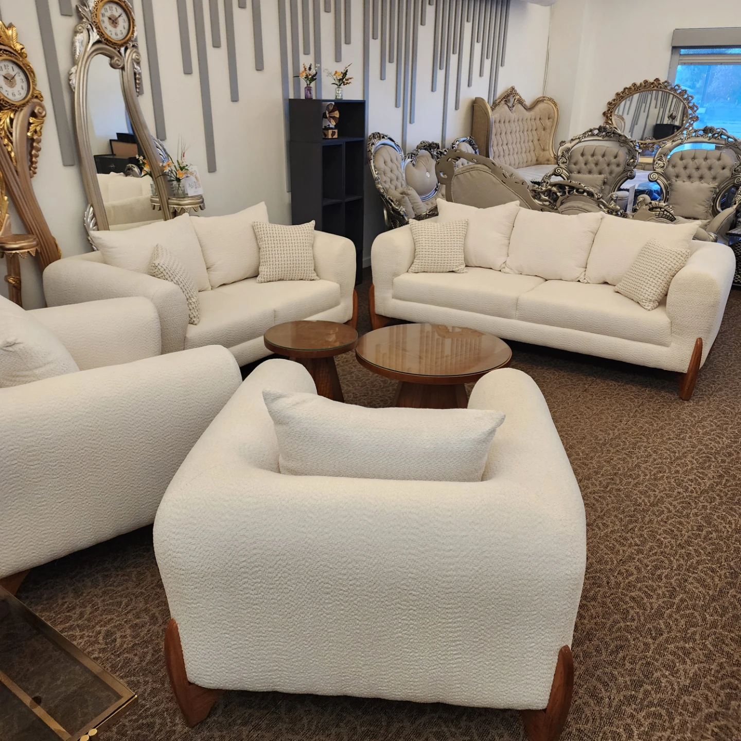 Cream Bouclé Sofa set with Wooden Legs