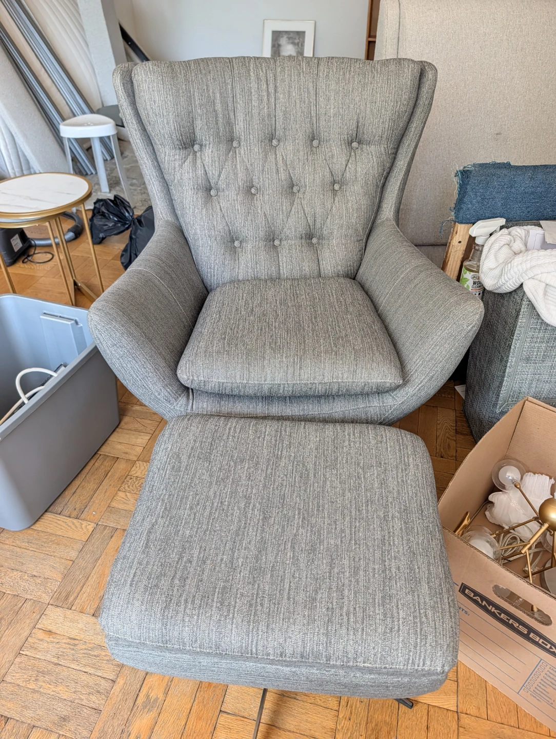 Pottery Barn Tufted Wingback Chair and Ottoman Set