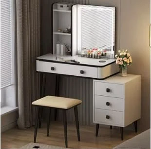White Vanity Desk with LED Mirror and Stool