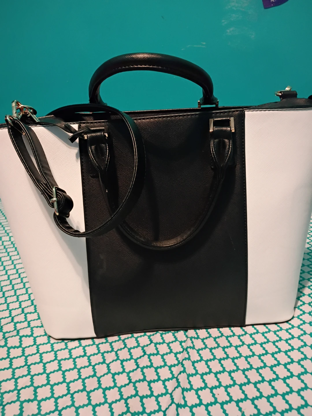 Black and White Tote Bag with Shoulder Strap