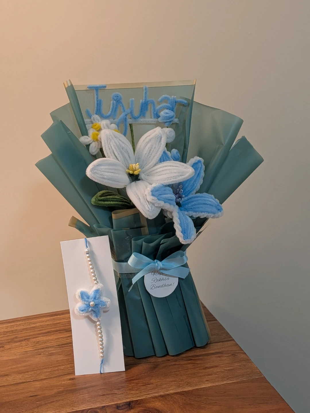 Nush customized Handmade Pipe Cleaner Flower Bouquet with Rakhi - photo 2