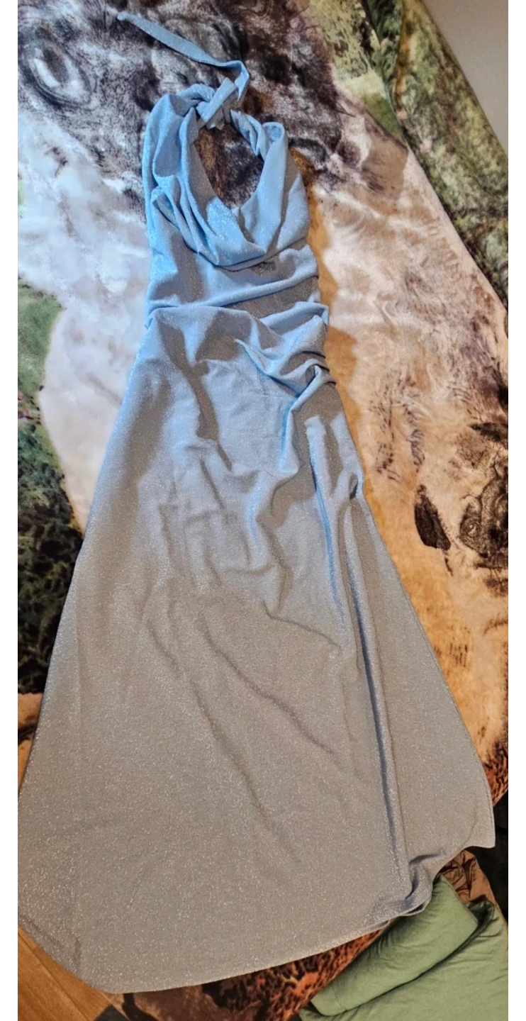 Light Blue Sparkly Halter Maxi Dress