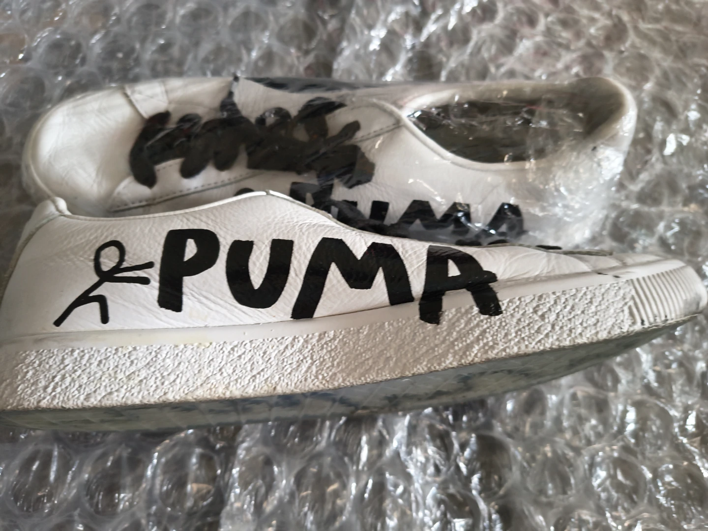 Puma White Leather Sneakers with Custom Art