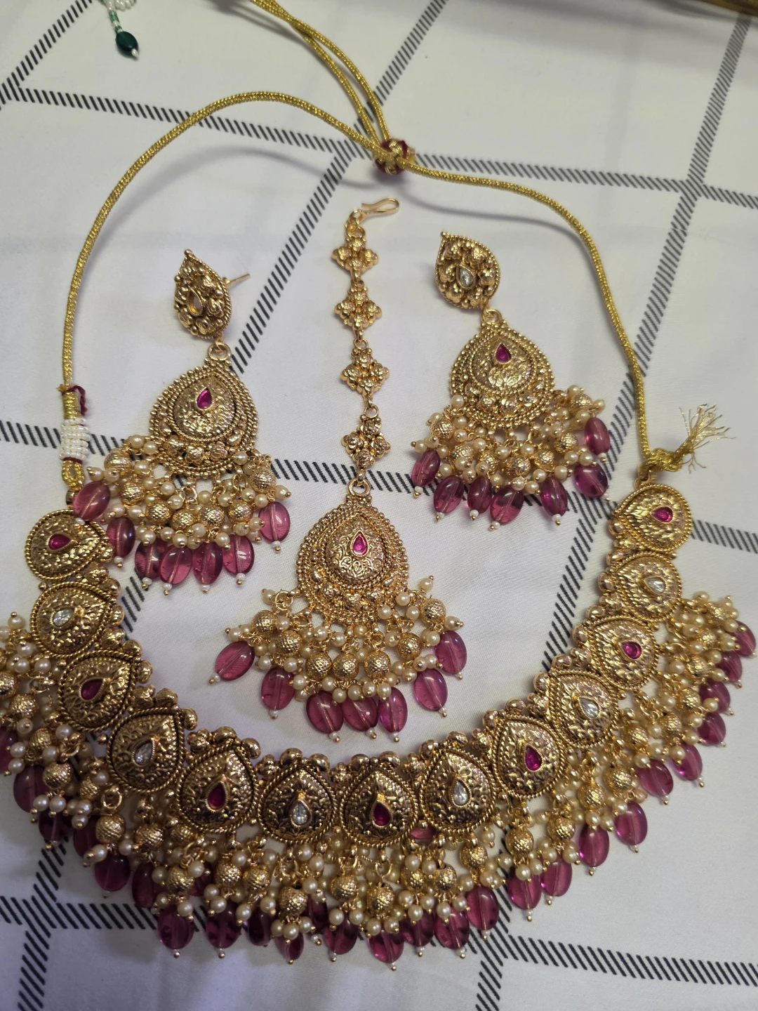 Gold Plated Indian Jewelry Set in Green or Ruby