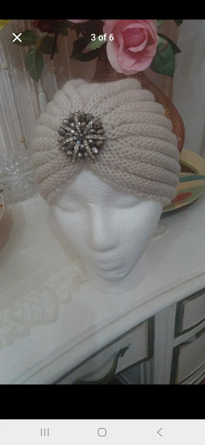 Beige Knit Turban Hat with Embellishment