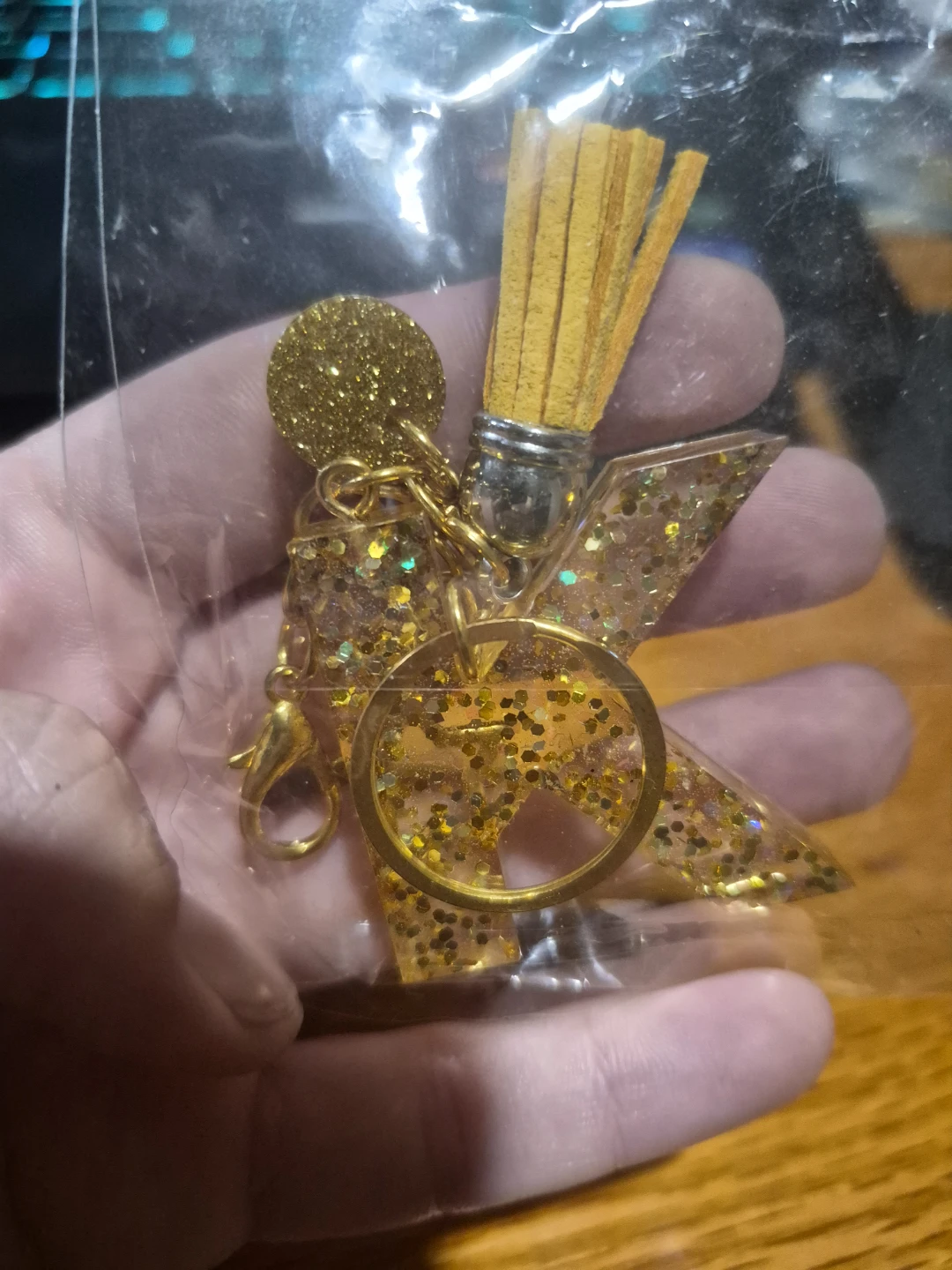 Letter K Keychain with Tassel and Glitter