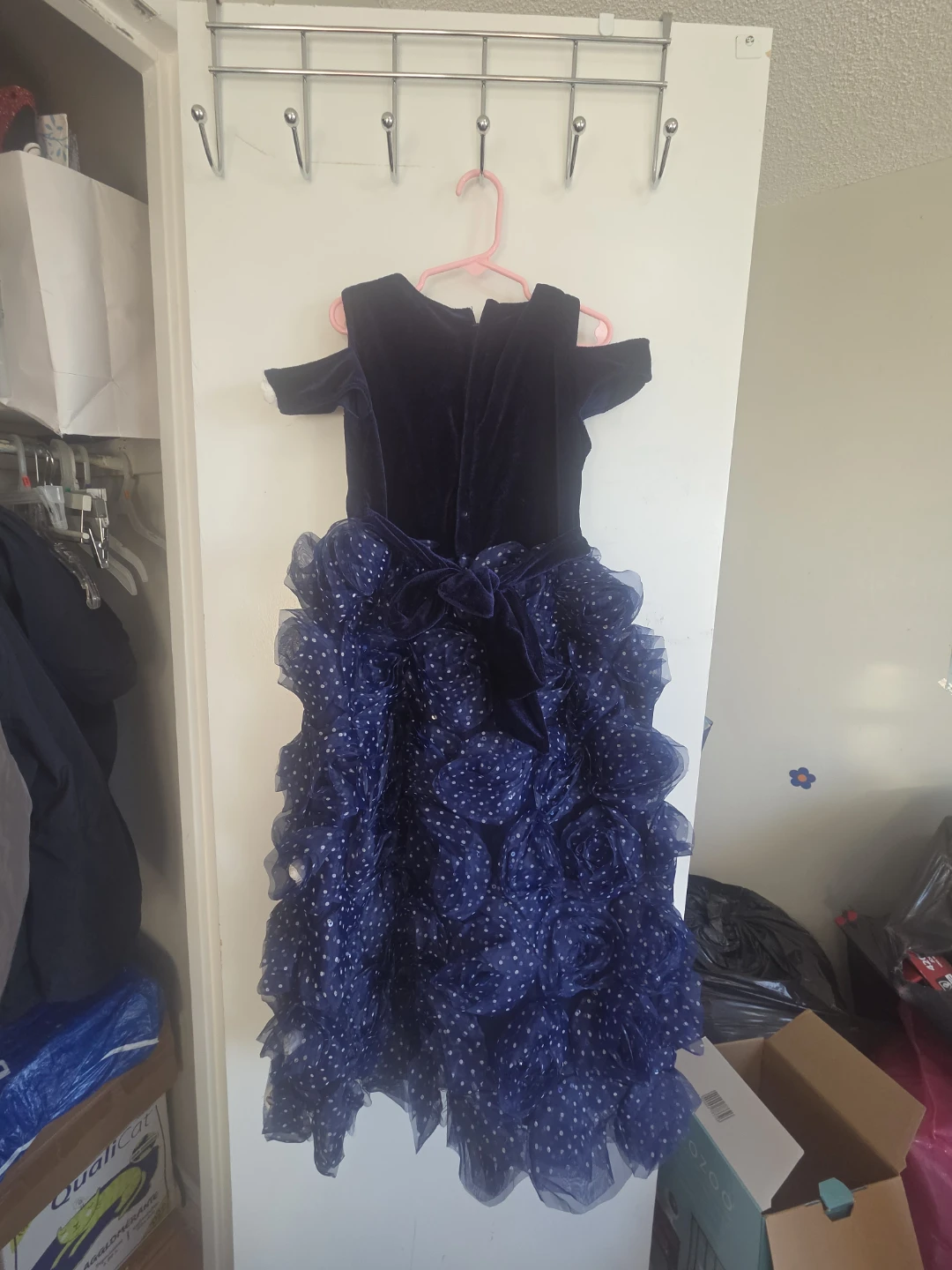 Kids Navy Blue Velvet Dress with Ruffles - photo 2