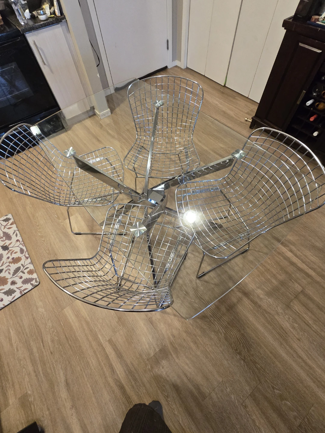 Glass Top Dining Table with Chrome Wire Chairs